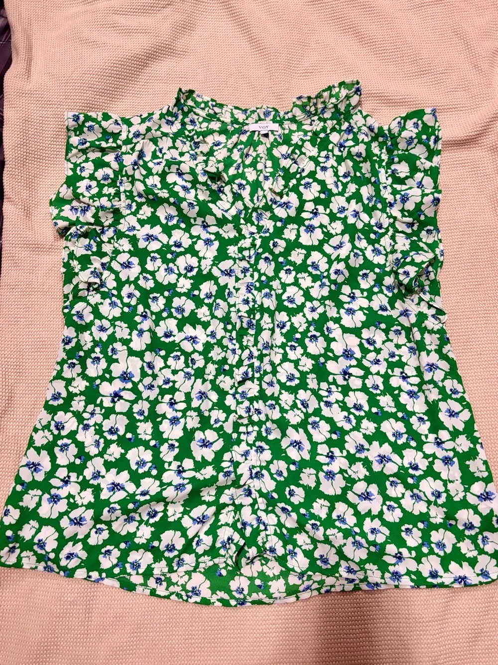 VOY Green Floral Ruffle Sleeve Button Front Blouse Medium